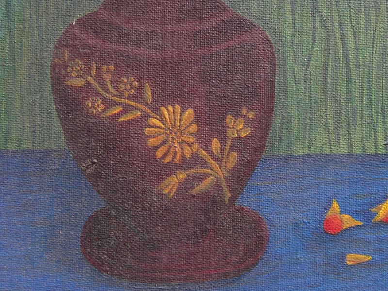 Naive style still life painting vase signed
