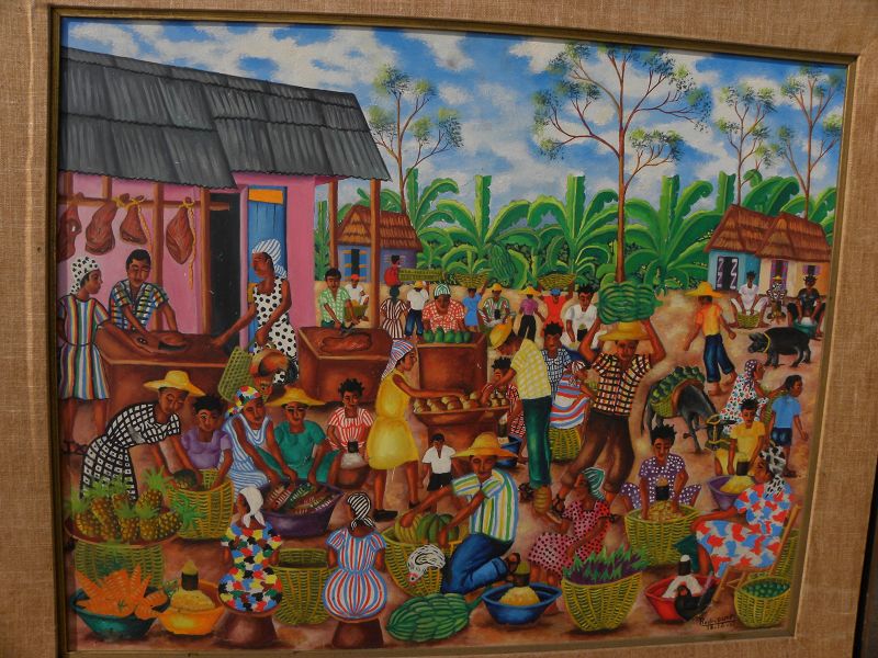 Haitian art vintage 1971 signed colorful painting tropical village