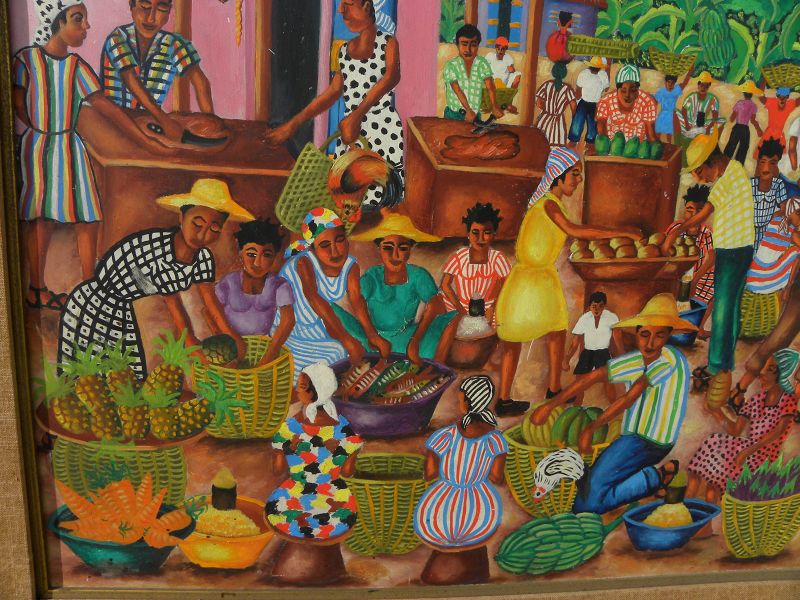 Haitian art vintage 1971 signed colorful painting tropical village