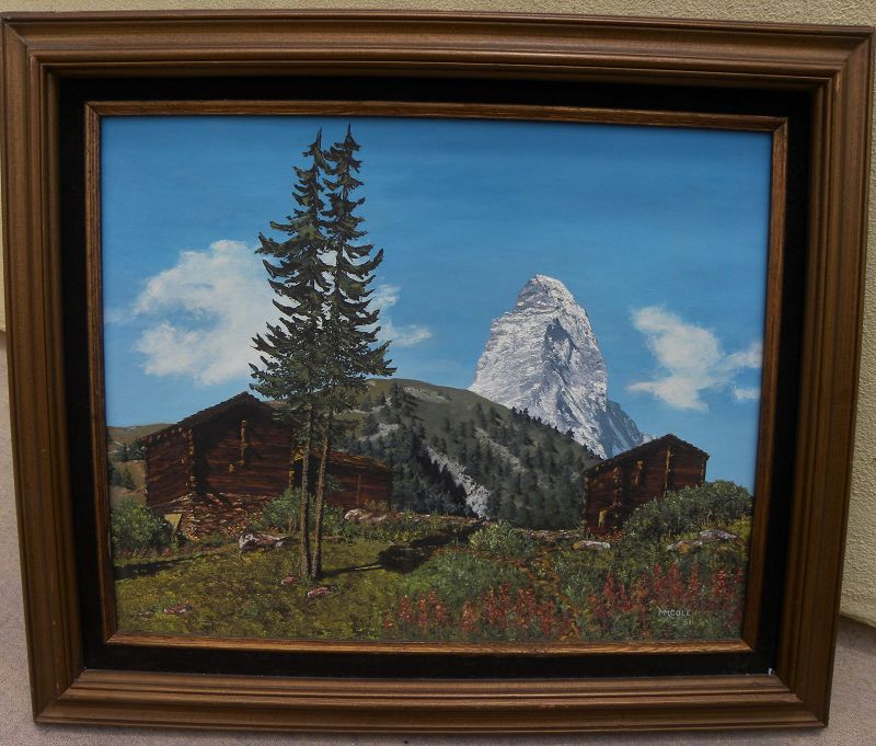 Vintage signed Switzerland landscape painting Matterhorn