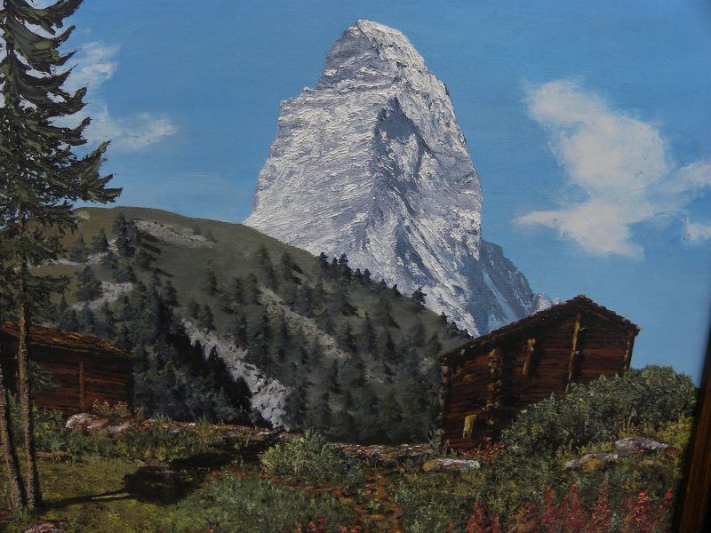 Vintage signed Switzerland landscape painting Matterhorn