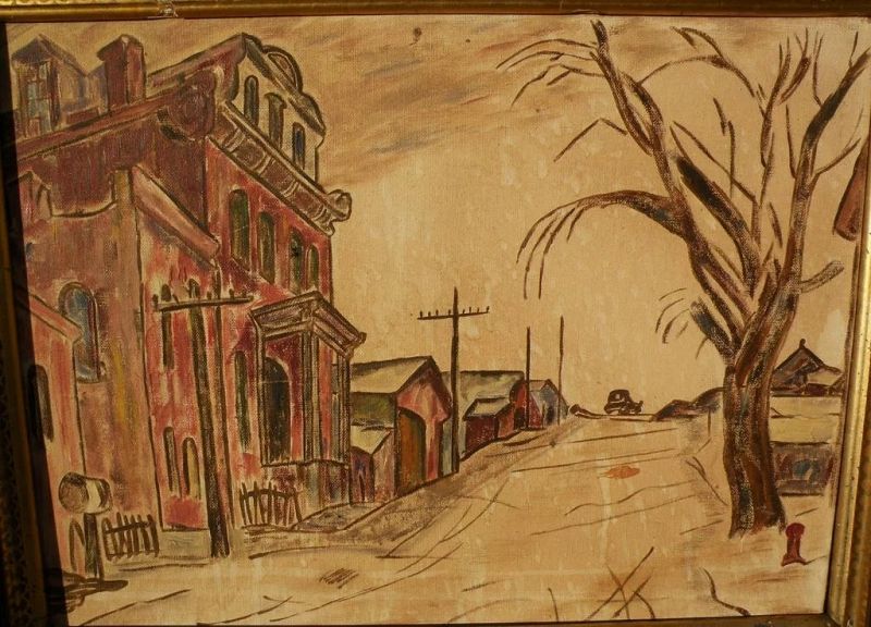 American Scene oil painting of old town scape in style of Charles Burchfield