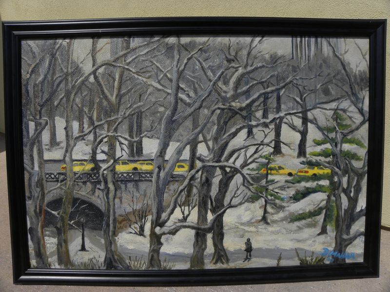 New York Central Park impressionist winter scene painting signed