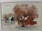 Watercolor vintage painting barn in landscape signed