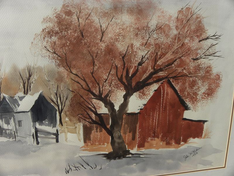 Watercolor vintage painting barn in landscape signed