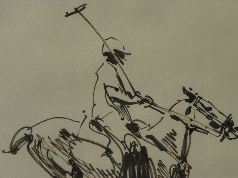 NED JACOB (1938-) drawing of polo player and horse western artist