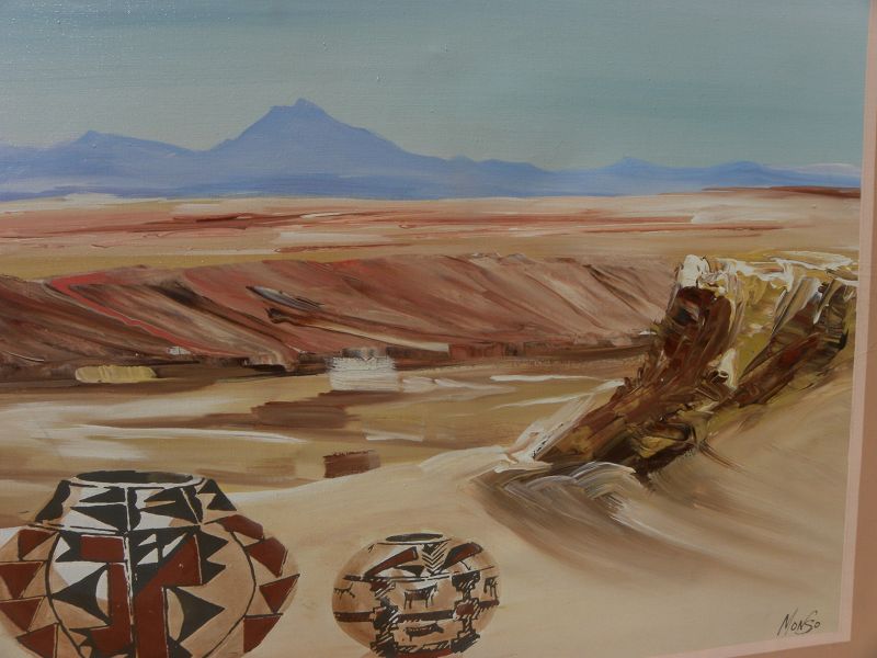 Southwest landscape painting with Native American pottery
