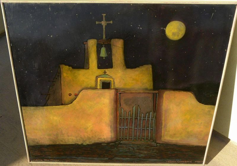 ROBIN GARY WOOD Santa Fe Style contemporary painting of Cordova New Mexico church