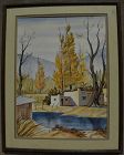 New Mexico watercolor painting autumn adobes signed