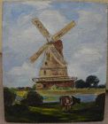 Impressionist vintage painting windmill and cows landscape