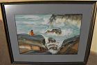 Vintage watercolor figures on seaside cliff 1945 signed