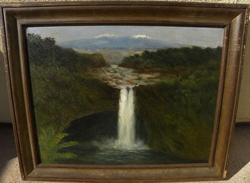 Antique Hawaiian painting Big Island waterfalls signed SMITH 1920