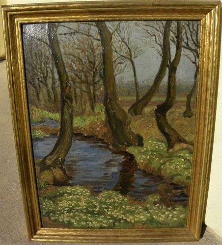 Impressionist landscape painting trees and brook autumn