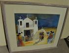 New Mexico vintage watercolor painting Taos church and figures signed
