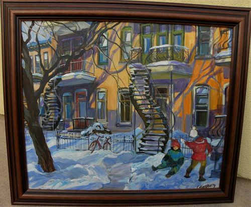 Canadian art Montreal winter houses painting INGRID HARRISON (1935-)
