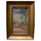Impressionist painting of a lady under a trellis on Italian coast signed and dated 1903