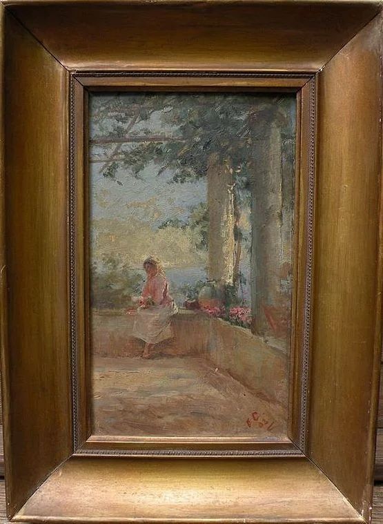 Impressionist painting of a lady under a trellis on Italian coast signed and dated 1903