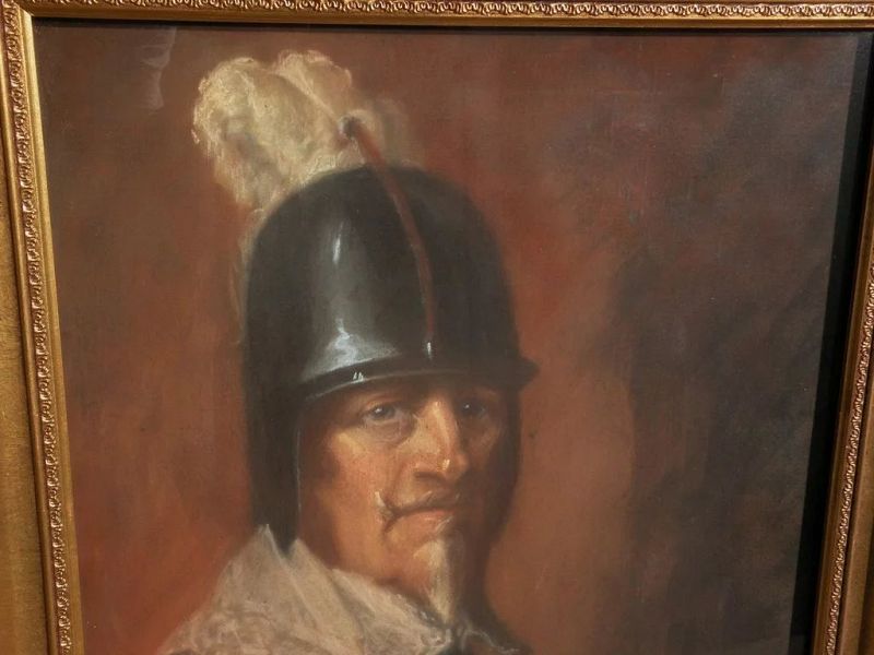 Signed large pastel drawing of helmeted 17th century warrior‏