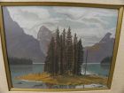 Maligne Lake Alberta Canadian art vintage drawing Spirit Island signed