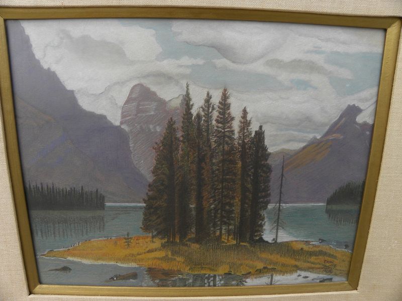 Maligne Lake Alberta Canadian art vintage drawing Spirit Island signed