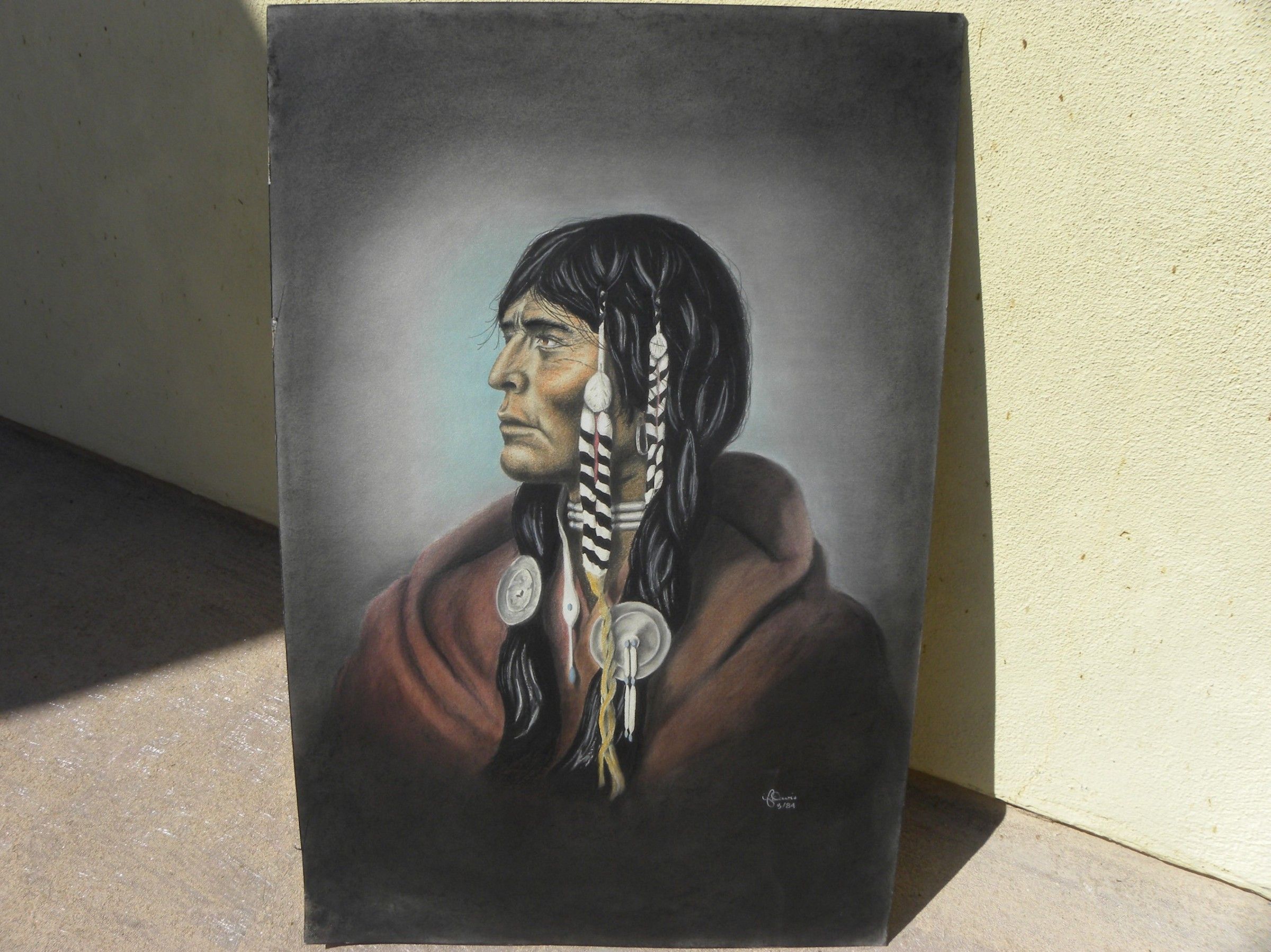 Native American Indian mixed media signed drawing