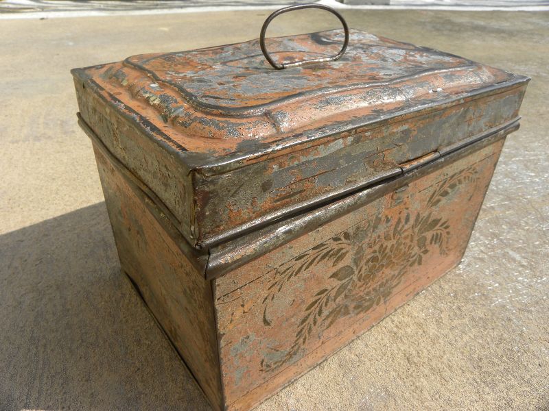 American antique tole tin document box rare pinkish color