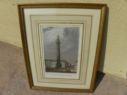 Paris Place Vendome French etching circa 1840 with hand color