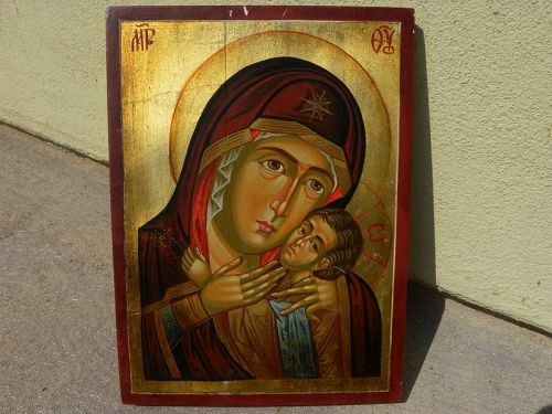 Contemporary hand painted Russian or Greek Orthodox icon signed