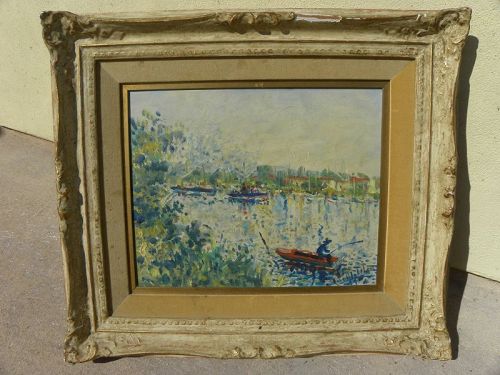 Vintage French impressionist painting Seine River signed 1964