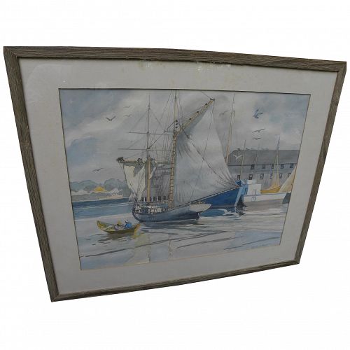 CHARLES E. PONT (1898-1971) marine watercolor sail boat at New England dock by well known illustrator artist