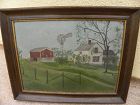 Charming antique small American primitive painting farm homestead