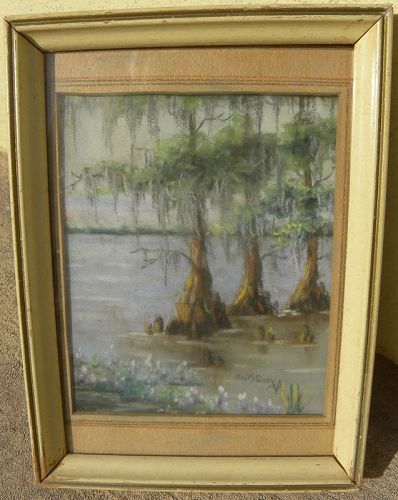 Southern art old pastel cypress tree and swamp signed painting