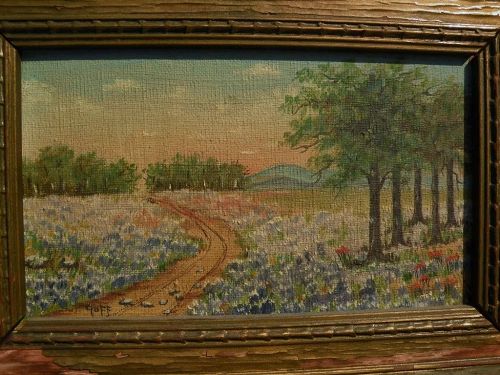 Texas bluebonnet art small painting of a country landscape in the spring signed GOFF