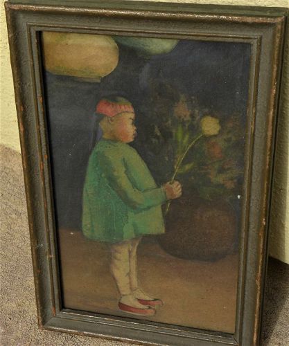 Old antique watercolor painting child likely San Francisco Chinatown