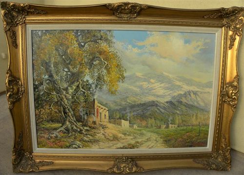 Vintage New Mexico landscape painting with adobes signed