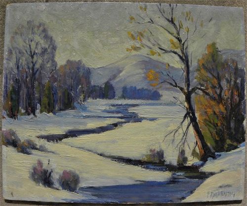 FRANK EASTON (1884-) impressionist painting winter landscape
