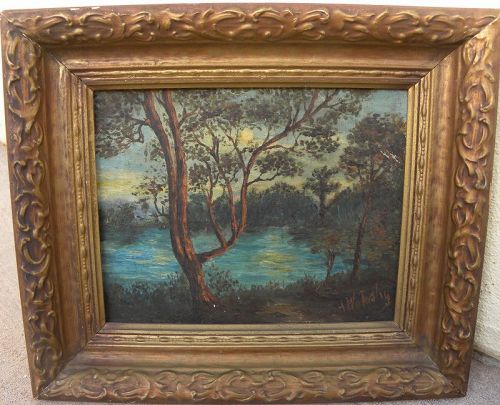 Old American landscape painting signed