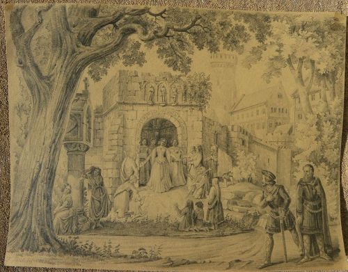 Pencil drawing 1846 detailed medieval castle scene signed F. Pohl