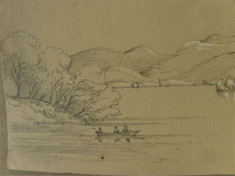 American 1840 pencil drawing Lake George New York Hudson River School