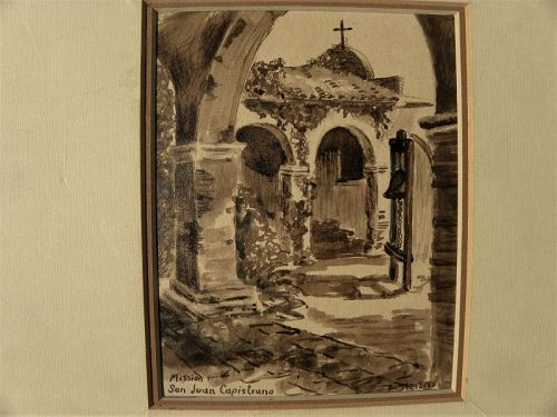 Vintage signed watercolor painting Mission San Juan Capistrano