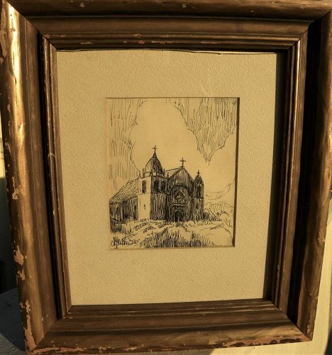 Old ink drawing 1925 view of Carmel Mission California signed