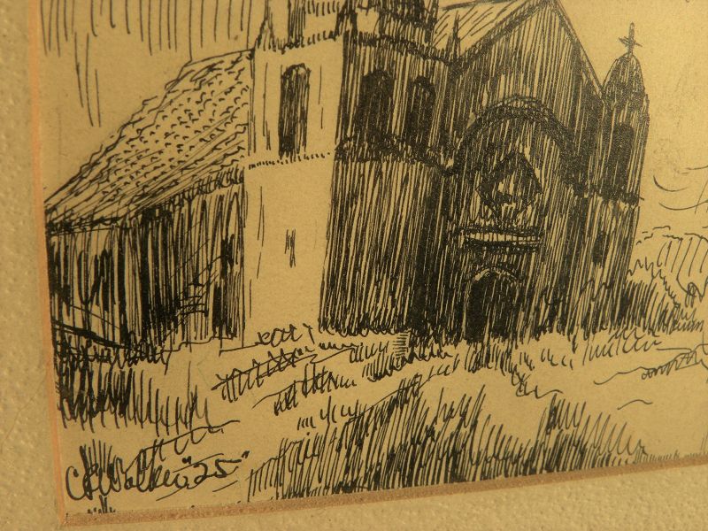 Old ink drawing 1925 view of Carmel Mission California signed