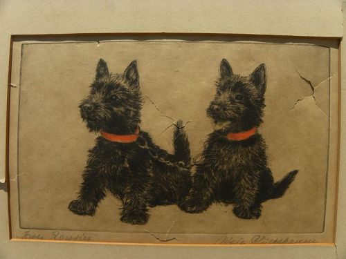 META PLUCKEBAUM (1876-1945) etching of terriers as-is condition