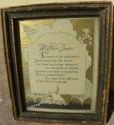 Vintage 1930's small sentimental framed poem to Mother hand coloring