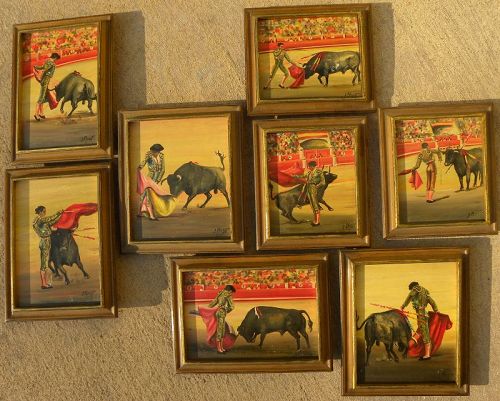 Spanish bullfight EIGHT small paintings set signed J. Parraga