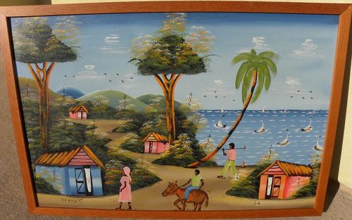 Haitian naive art painting coastal village with animals and figures