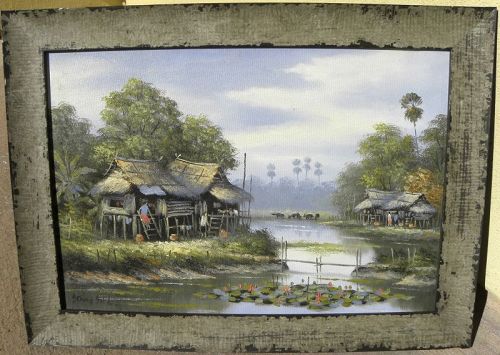 Thai art tropical village painting thatch houses and water buffalo