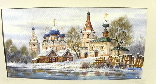 Russian gouache watercolor painting orthodox church buildings in snow