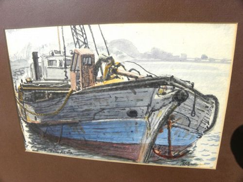 New Zealand art watercolor old boat by RICHARD BAKER (1928-2004)
