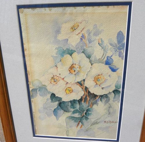 Antique floral watercolor still life wild rose flowers signed